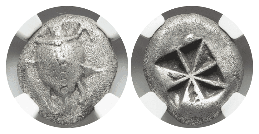 【XF 4/5  2/5】紀元前525年〜480年 古代ギリシア アイギナ（エギナ）島 海亀の甲羅 スターテル銀貨