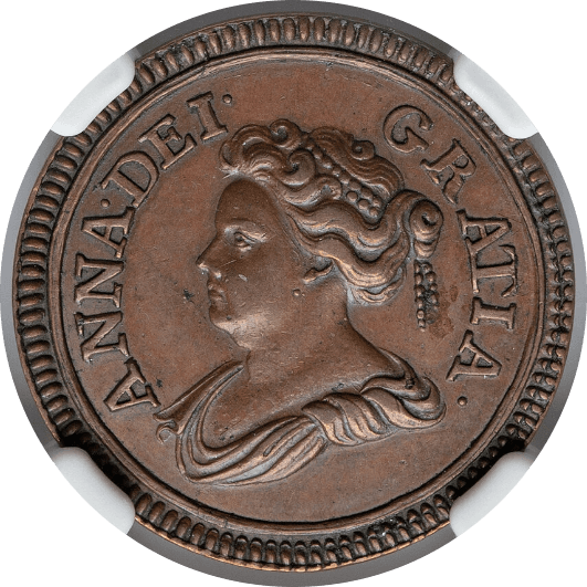 【AU58 BN】1714年 イギリス アン女王 試鋳貨 ファージング（1/4ペニー）銅貨(表)