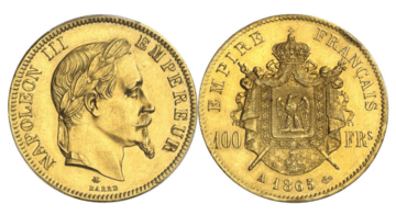 【MS61】1865年A フランス 第二帝政 ナポレオン3世 有冠 100フラン金貨(表)