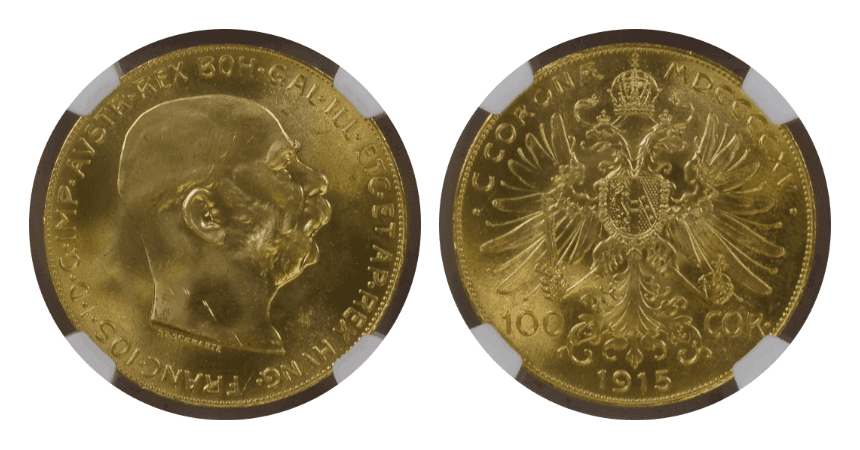 【MS65】1915年 オーストリア フランツ・ヨーゼフ1世 リストライク 100コロナ金貨