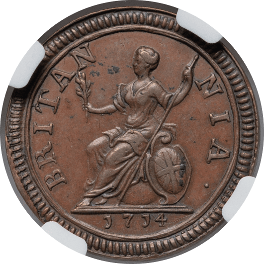【AU58 BN】1714年 イギリス アン女王 試鋳貨 ファージング（1/4ペニー）銅貨(裏)