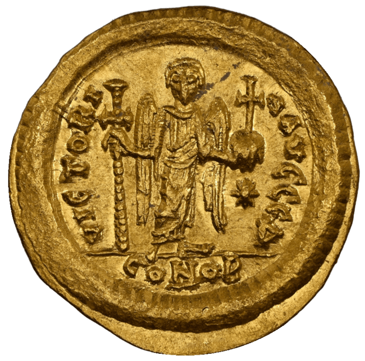 【MS 5/5 4/5】518年?527年 ビザンツ帝国（東ローマ帝国）ユスティヌス1世 ソリダス金貨(裏)