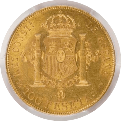 【MS62】1897年 スペイン アルフォンソ13世 100ペセタ金貨(裏)