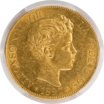 【MS62】1897年 スペイン アルフォンソ13世 100ペセタ金貨(表)