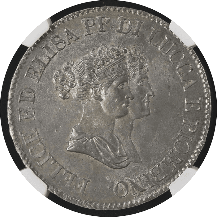【MS62】1805年 イタリア ルッカ・エ・ピオンビーノ公国 フェリーチェ・バチョッキ&エリザ・ボナパルト  5フランキ銀貨(表)