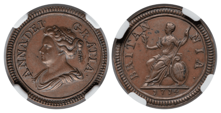 【AU58 BN】1714年 イギリス アン女王 試鋳貨 ファージング（1/4ペニー）銅貨
