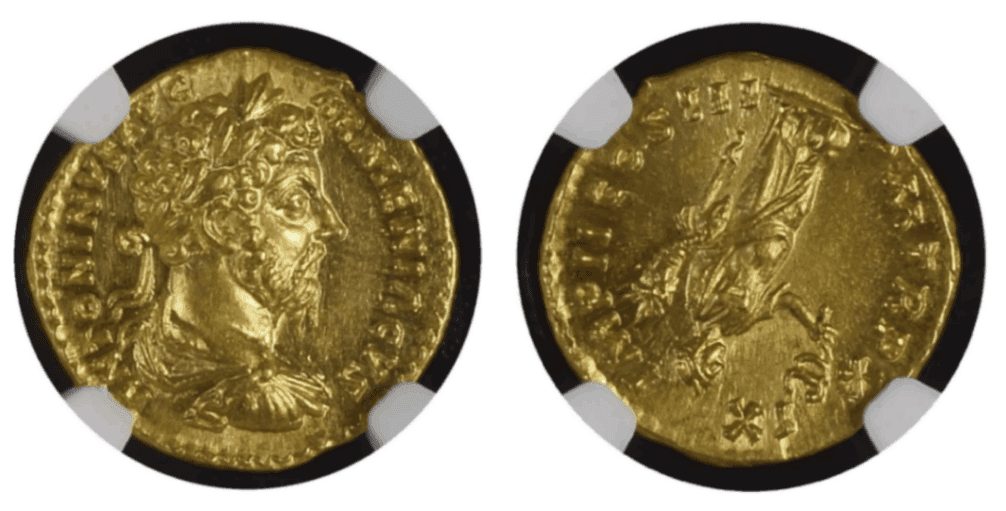 【Ch MS★5/5 5/5 Fine Style】紀元後161-180年 ローマ帝国 アウレリウス アウレウス金貨(表)