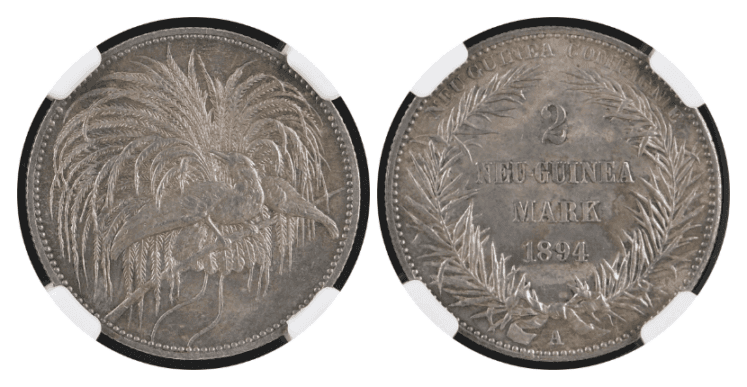 【MS63】1894年 ドイツ領ニューギニア 極楽鳥 2マルク銀貨