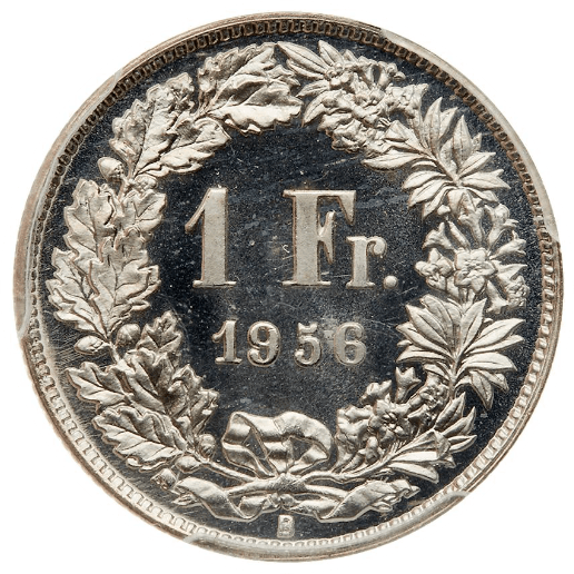 【SP67】1956年 スイス ヘルヴェティア 1フラン銀貨(裏)