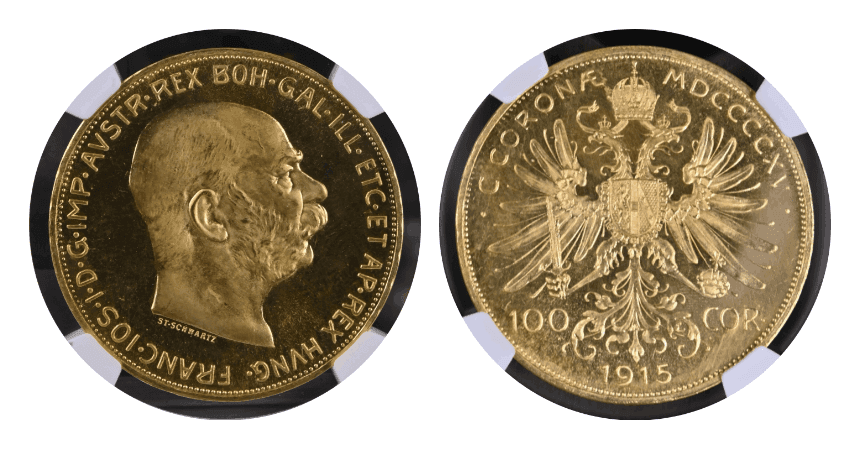 【PF 67 CAMEO】1915年 オーストリア フランツ・ヨーゼフ1世 リストライク 100コロナ金貨