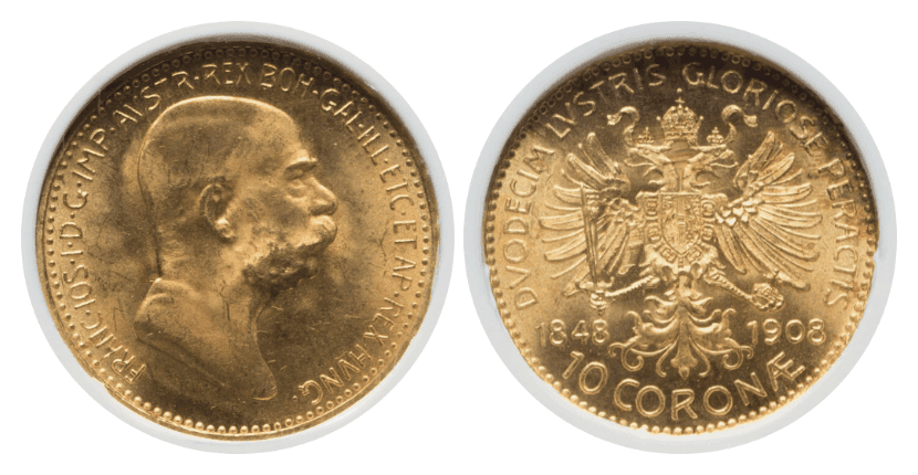 【MS65】1908年 オーストリア フランツ・ヨーゼフ1世 皇位60周年記念 10コロナ金貨