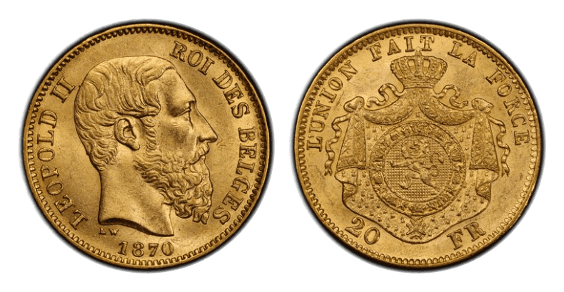 【MS63】1870年 ベルギー レオポルド2世 20フラン金貨