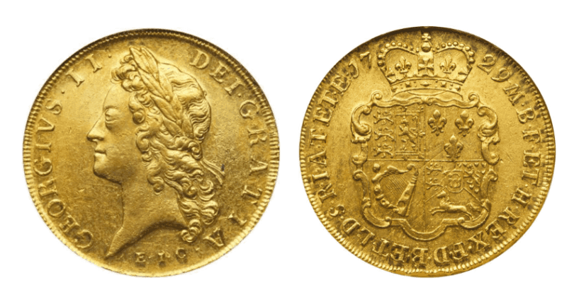 【AU55】1729年 イギリス ジョージ2世 E.I.C. 5ギニー金貨