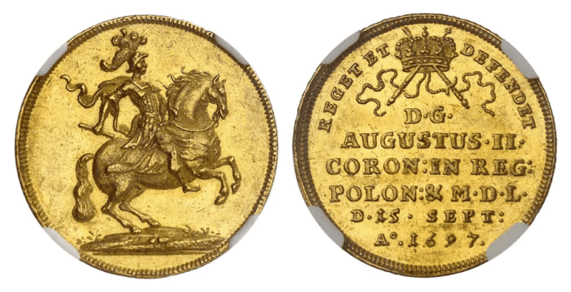 【MS62+】1697年 神聖ローマ帝国 ドイツ アウグスト2世 戴冠式記念 2ダカット金貨