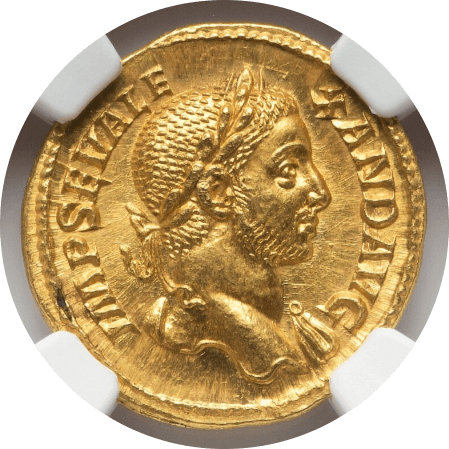 【Gem MS 5/5 5/5 FineSytle】222年?235年 古代ローマ帝国  セウェルス帝 アウレウス金貨(表)