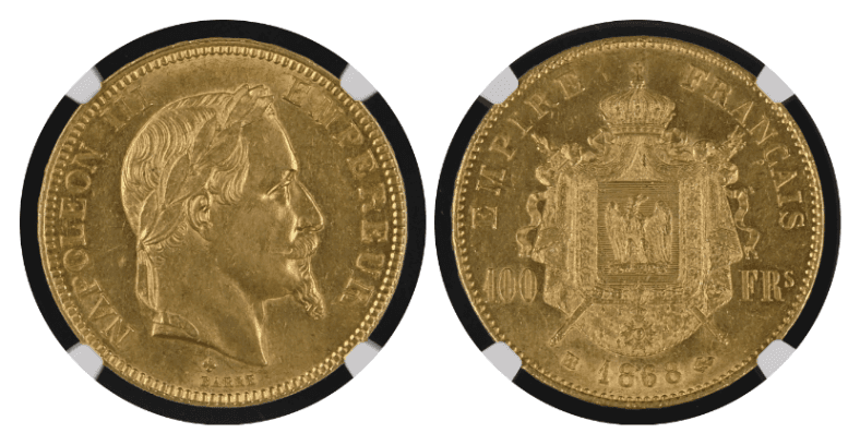 【AU58】1868年 フランス第2帝政 ナポレオン3世 有冠 100フラン金貨