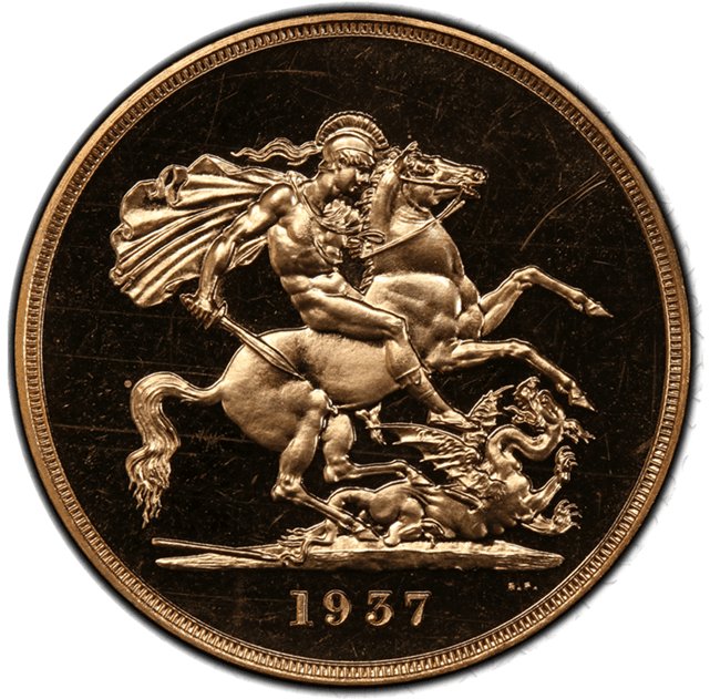 【PR 64+ CAMEO】1937年 イギリス　ジョージ６世 5ポンド金貨(裏)