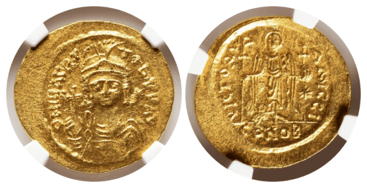 【MS 4/5 4/5】582年〜602年 ビザンツ帝国（東ローマ帝国）マウリキウス・ティベリウス皇帝  ソリダス金貨