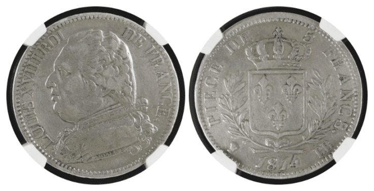 【XF DETAILS CLEANED】1814年BB フランス ストラスブール ルイ18世 5フラン銀貨