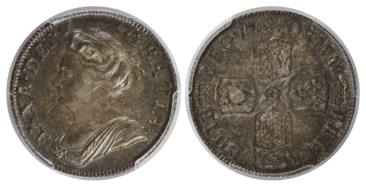 【MS64】1708年 イギリス アン女王 1シリング銀貨