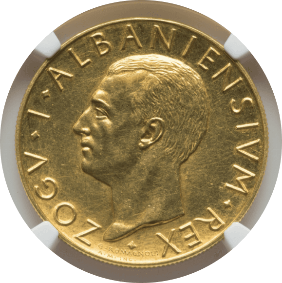 【MS61】1928年 アルバニア王国 ゾグ1世 試鋳貨 100フランガ・アリ金貨(表)