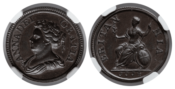 【MS64 BN】1714年 イギリス アン女王 試鋳貨 ファージング（1/4ペニー）銅貨
