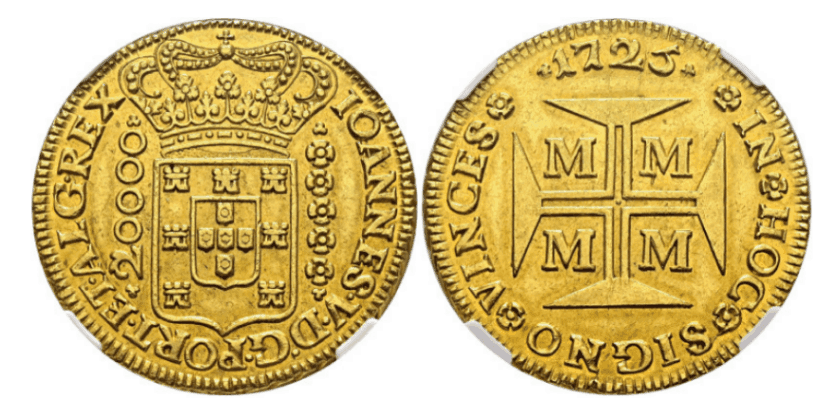 【AU58】1725年 ポルトガル領ブラジル ジョアン5世  20000レイス金貨