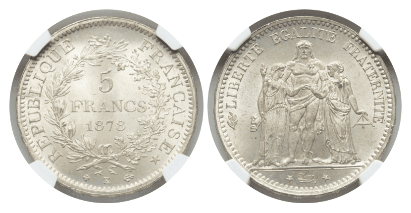 【MS65】1878年 フランス 第三共和政 ヘラクレス 5フラン銀貨