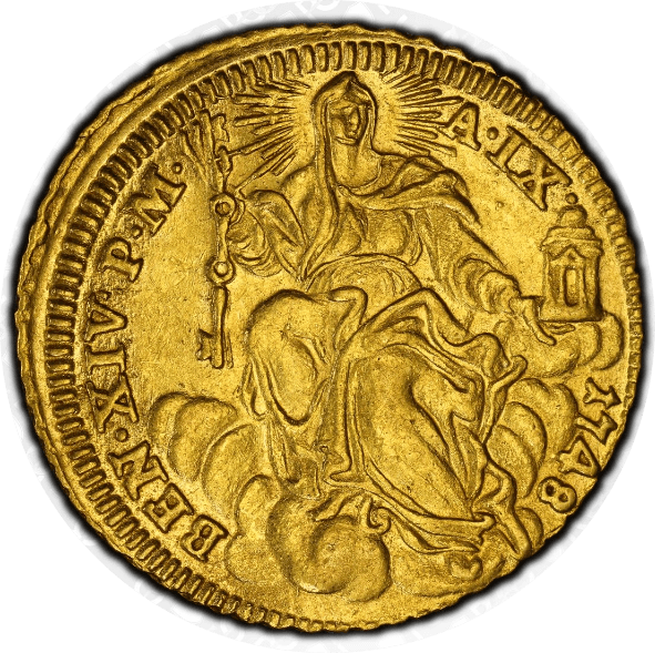 【MS61】1748年 イタリア 教皇領 ローマ教皇 ベネディクト14世 ゼッキーノ金貨(表)