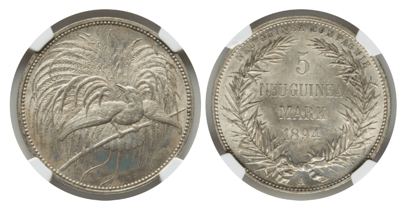 【MS65】1894年 ドイツ領ニューギニア  極楽鳥 5マルク銀貨