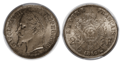 【MS65】1866年A フランス 第二帝政 ナポレオン3世 有冠 2フラン銀貨