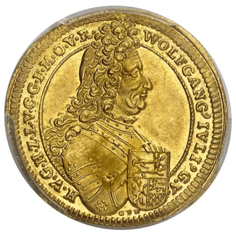 【MS61】1697年 神聖ローマ帝国 ドイツ ホーエンローエ=ノイエンシュタイン ヴォルフガング・ユリウス 1ダカット金貨(表)