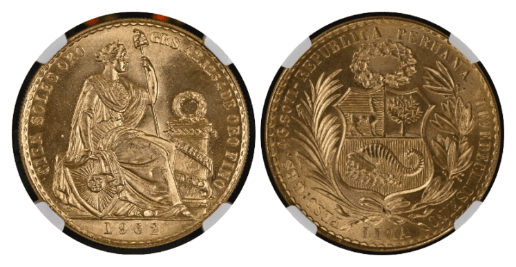【MS67】1962年 ペルー 女神の坐像 100ソル金貨