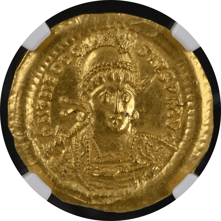 【MS★ 5/5 4/5】402年〜450年 ビザンツ帝国(東ローマ帝国)テオドシウス2世 ソリダス金貨(表)