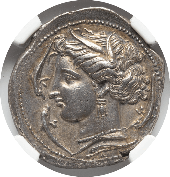【AU 5/5 4/5, Fine Style】紀元前320年?300年 古代ギリシア シチリア島 シキュロ・プニック テトラドラクマ銀貨(表)
