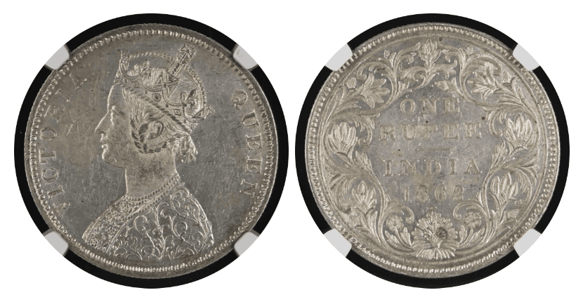 【MS61〜MS62】1862年,1887年 英領インド ヴィクトリア女王 ルピー銀貨 3枚セット(表)