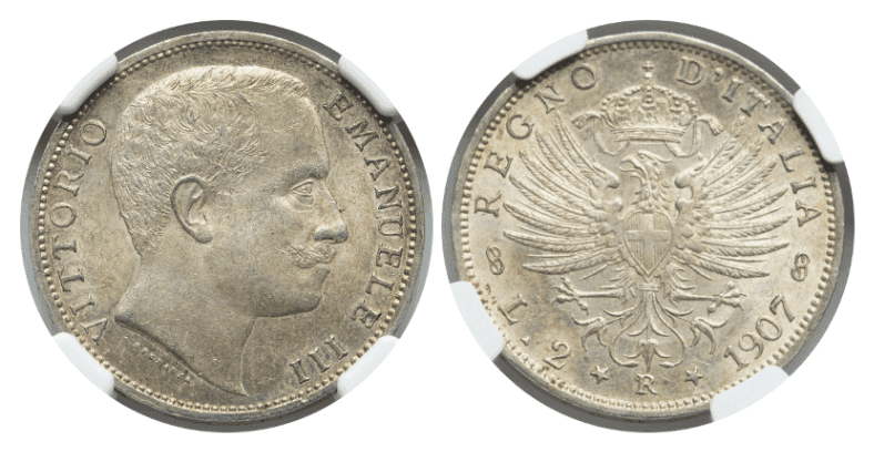 【MS63】1907年 イタリア ヴィットリオ・エマニュエーレ3世 2リレ銀貨