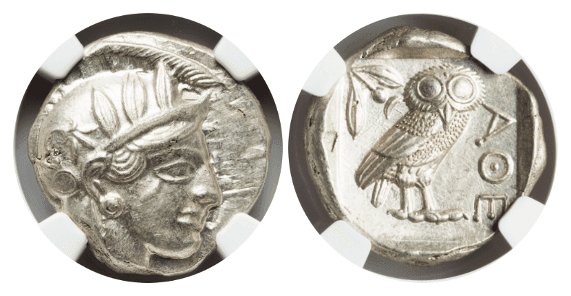 【MS 4/5 4/5】紀元前440年〜404年 古代ギリシア アッティカ 女神アテナ テトラドラクマ フクロウ銀貨