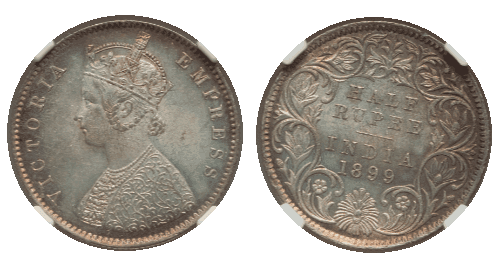 【MS64】1899年 英領インド ヴィクトリア女王 1/2ルピー銀貨