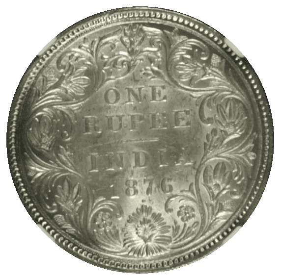 【MS62】1876年 イギリス領インド ヴィクトリア女王 1ルピー銀貨(裏)