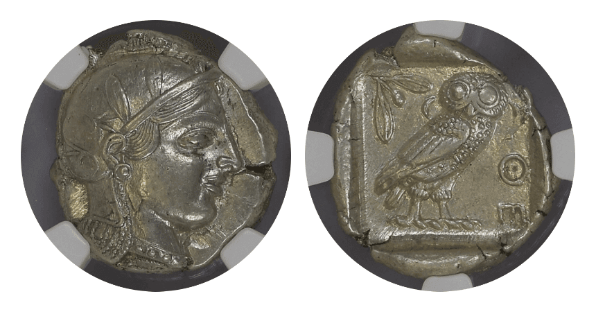 【MS 5/5 5/5】紀元前440年?404年 古代ギリシャ アッティカ 女神アテナ テトラドラクマ フクロウ銀貨