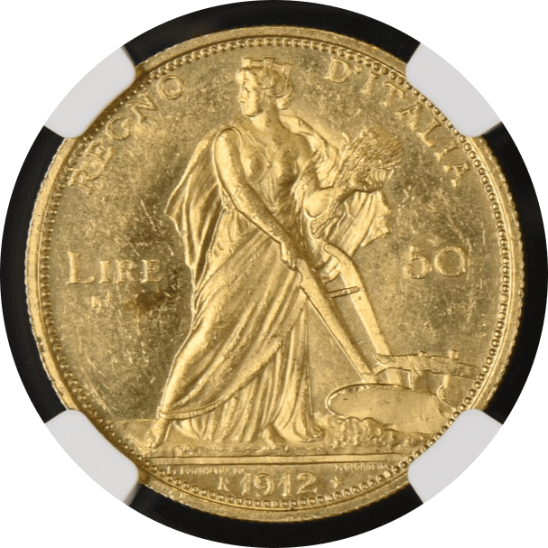 【MS62】1912年 イタリア ヴィットリオ・エマニュエーレ3世 豊穣の女神 50リレ金貨(裏)