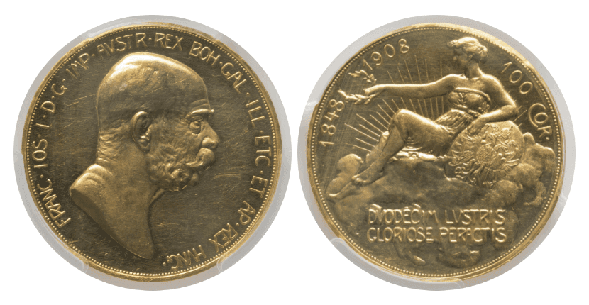 【PR62 CAMEO】1908年 オーストリア 雲上の女神 皇位60周年記念100コロナ金貨