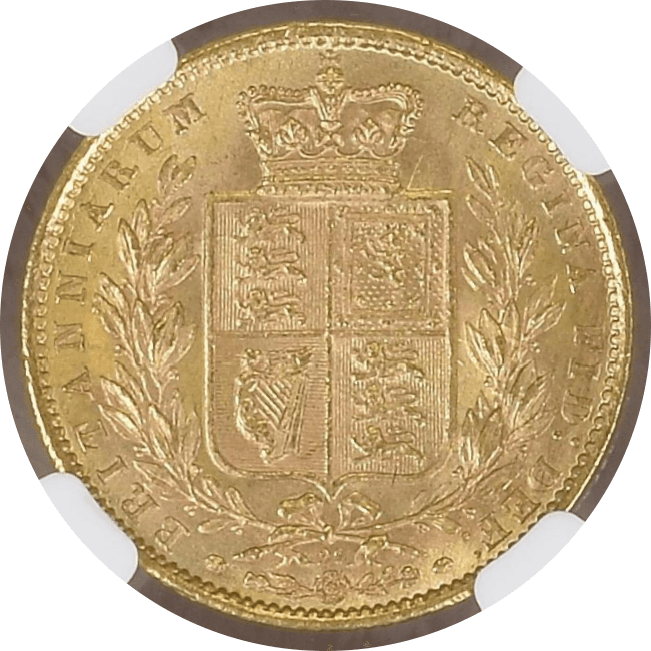 【MS65】1871年 イギリス ヴィクトリア女王 ヤングヘッド シールド 1ソブリン金貨(裏)