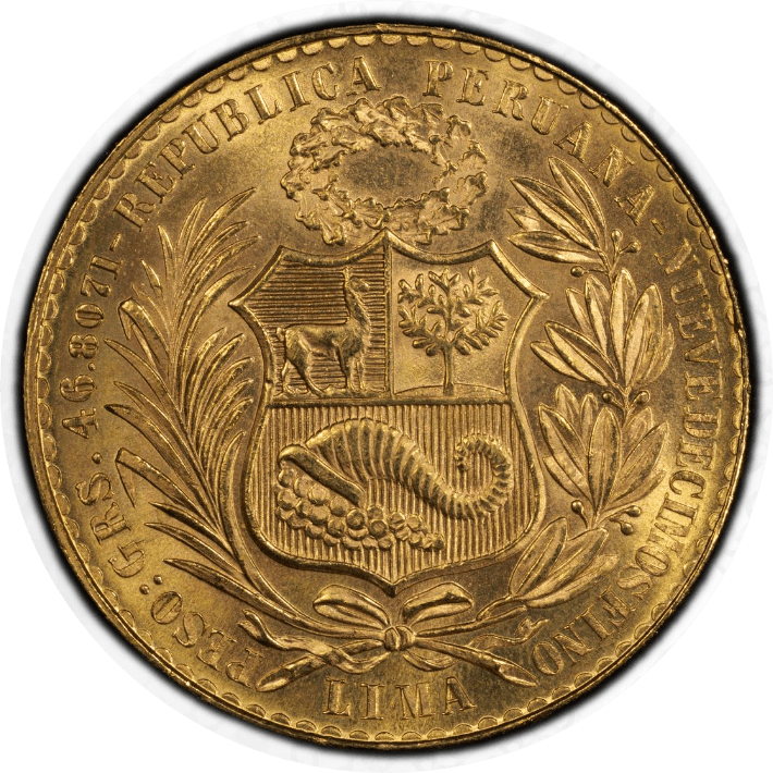 【MS66】1964年 ペルー 女神の坐像 100ソル金貨(裏)