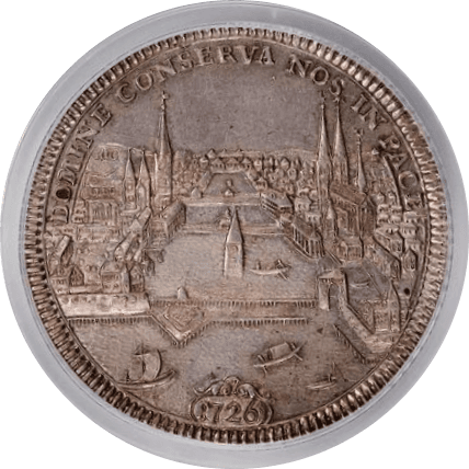 【AU58】1726年 スイス チューリッヒ 都市景観 ターラー銀貨(裏)