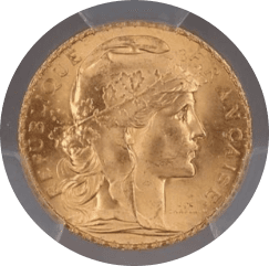 【MS67】1909年 フランス第三共和国 ルースター 20フラン金貨(表)