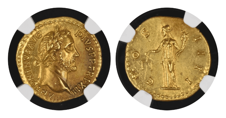 【MS 5/5-3/5 Fine Style】138年?161年 古代ローマ アントニヌス・ピウス アウレウス金貨