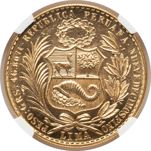 【MS66】1969年 ペルー 女神の坐像 100ソル金貨(裏)