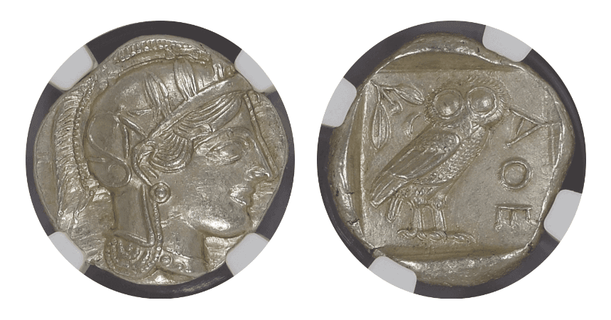 【MS 5/5 5/5】紀元前440年?404年 古代ギリシャ アッティカ 女神アテナ テトラドラクマ フクロウ銀貨